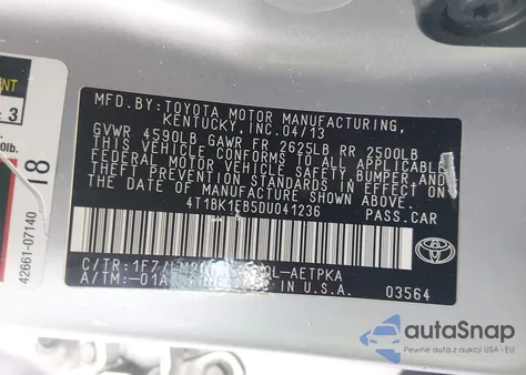 2013 Toyota Avalon Limited из США, поврежденный, VIN 4T1BK1EB5DU041236